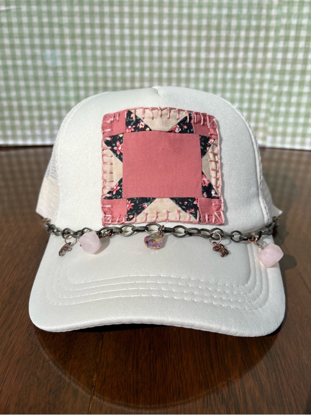 Patchwork Trucker Hat With Detachable Charm - Pink Sawtooth Star